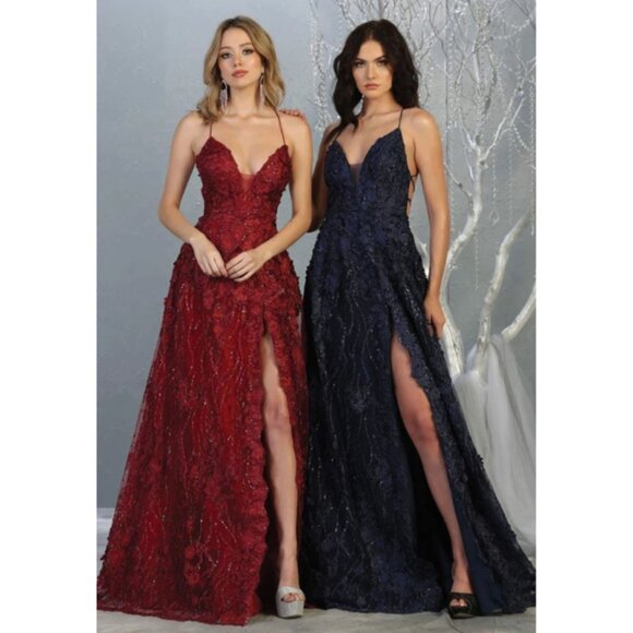 Navy Evening Long V-Neck Sleeveless A-Line Dress By Royal Queen RQ7738